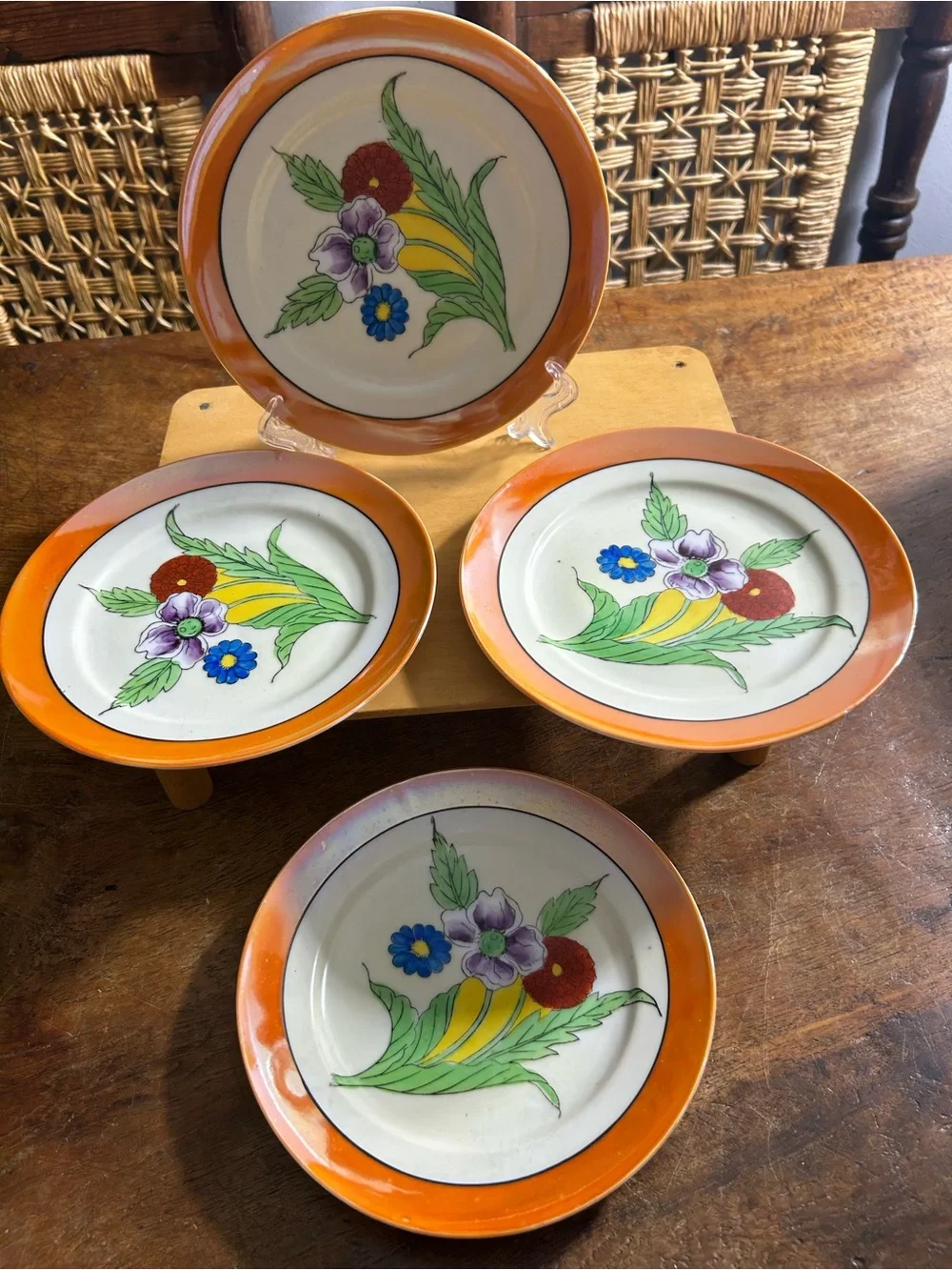 Chikatamachi Hand-Painted Floral Ceramic Dessert Plates - Orange Trim (Set of 4)
